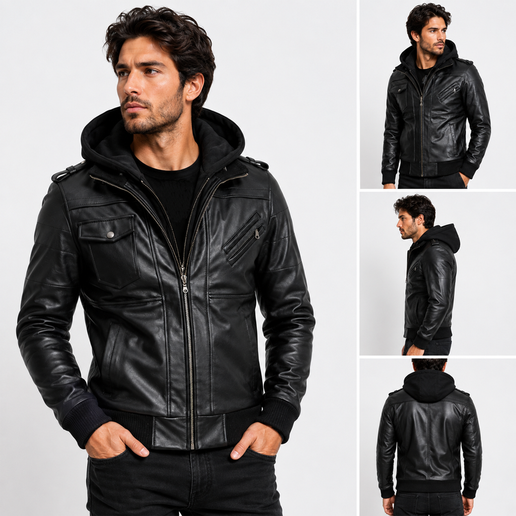 Men’s Black Leather Bomber Jacket with Detachable Hood