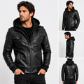 Men’s Black Leather Bomber Jacket with Detachable Hood