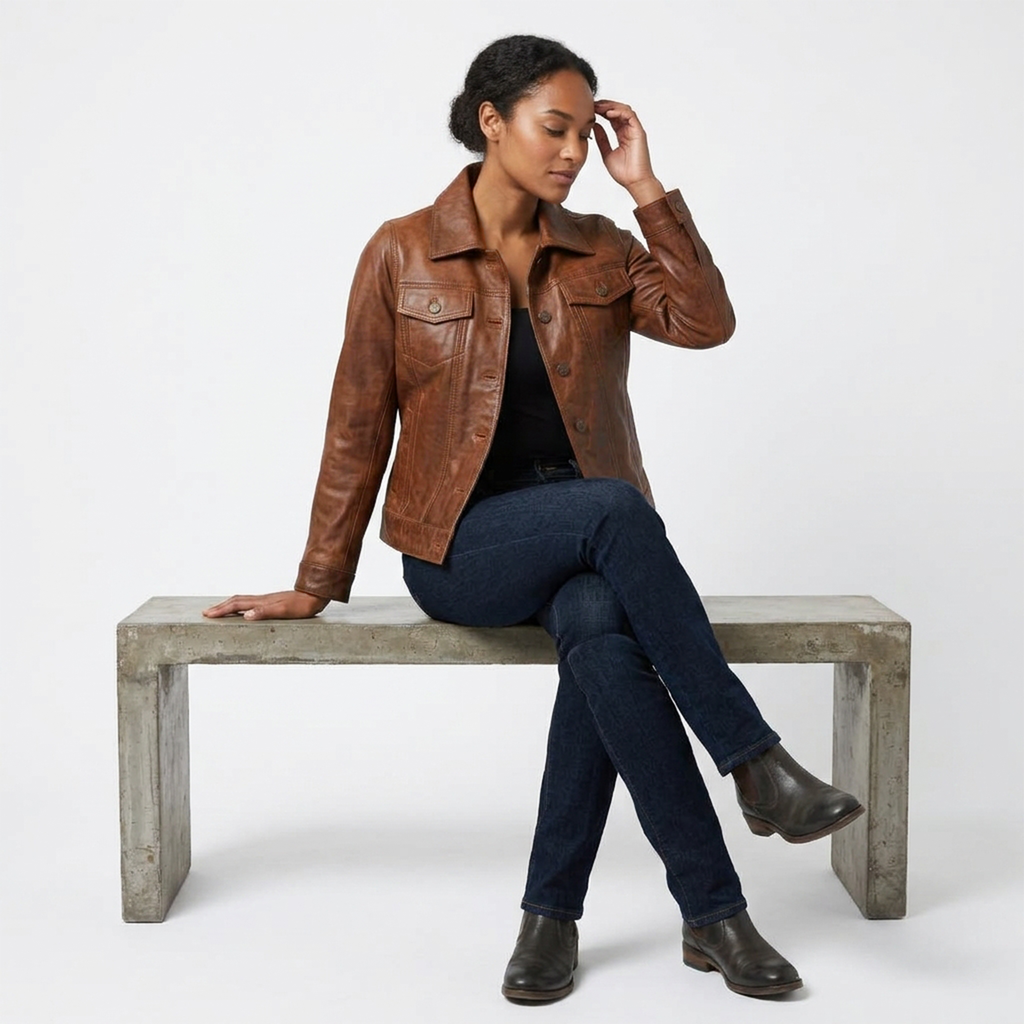 Women's Cognac Trucker Leather Jacket