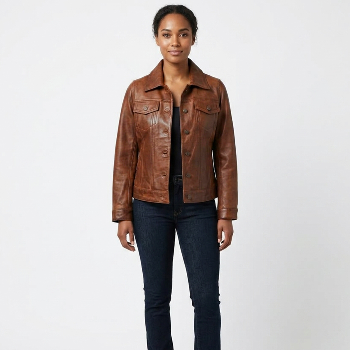 Women's Cognac Trucker Leather Jacket