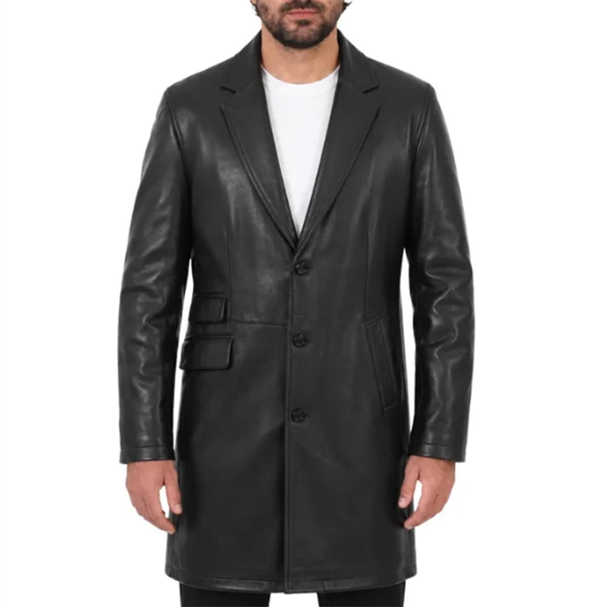 Men Black Leather 3/4 Trench Coat