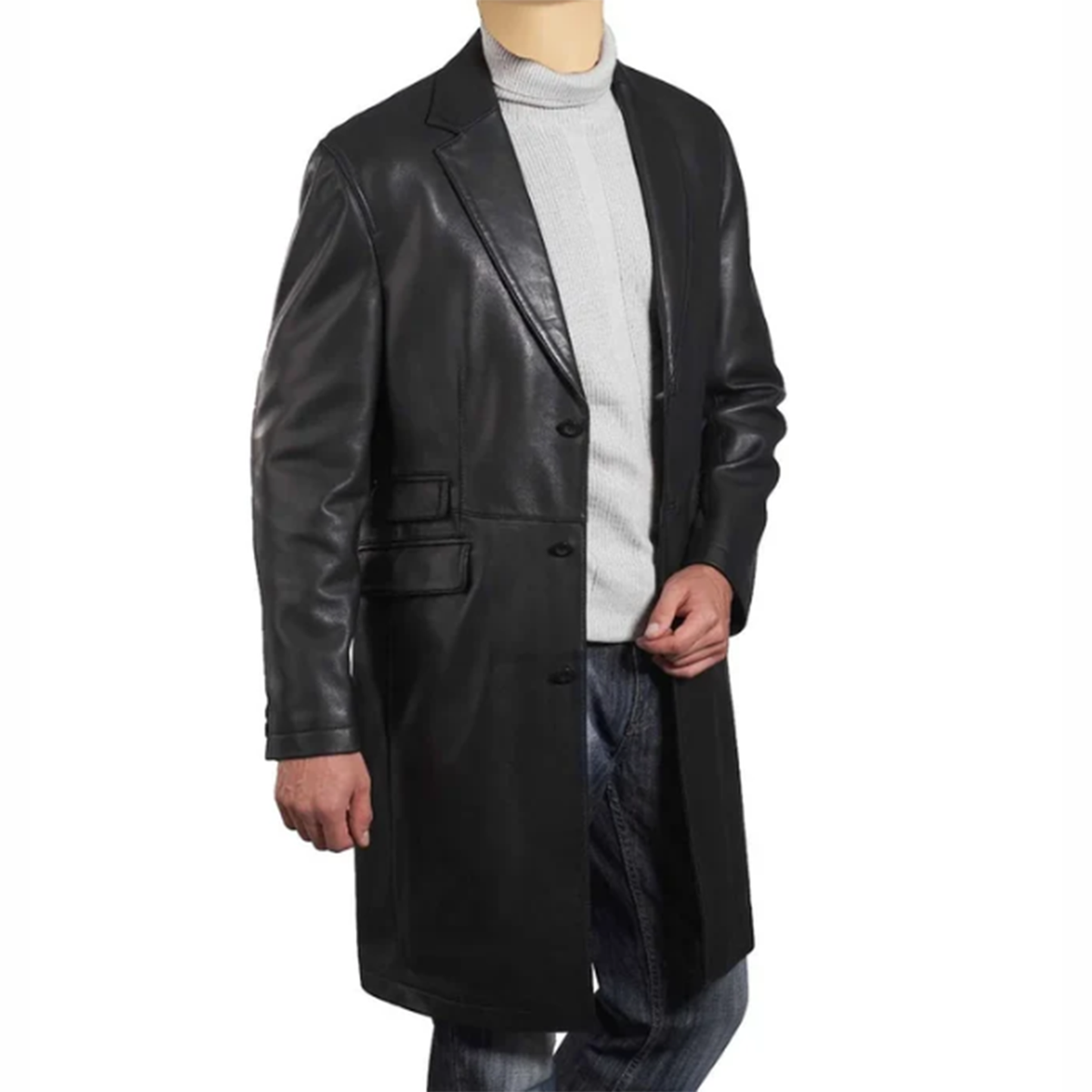 Men Black Leather 3/4 Trench Coat