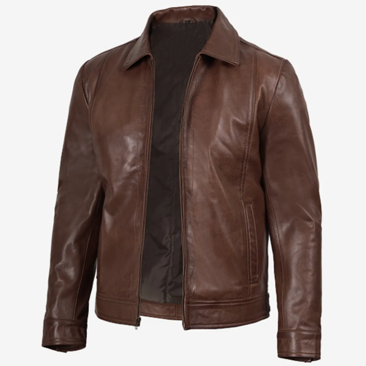 Men’s Vintage-Style Shirt Collar Leather Jacket Cognac Waxed