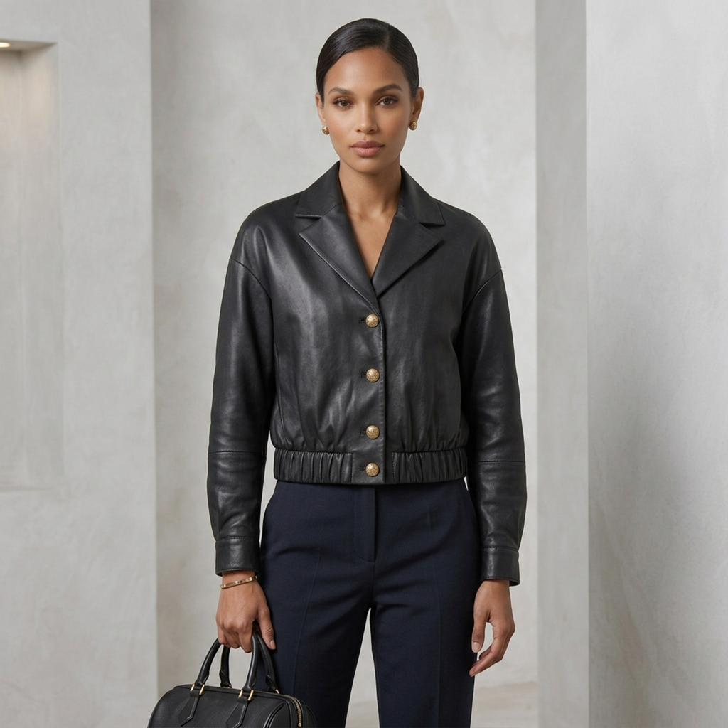 Women's Black Drop Shoulder Cropped Leather Lapel Jacket