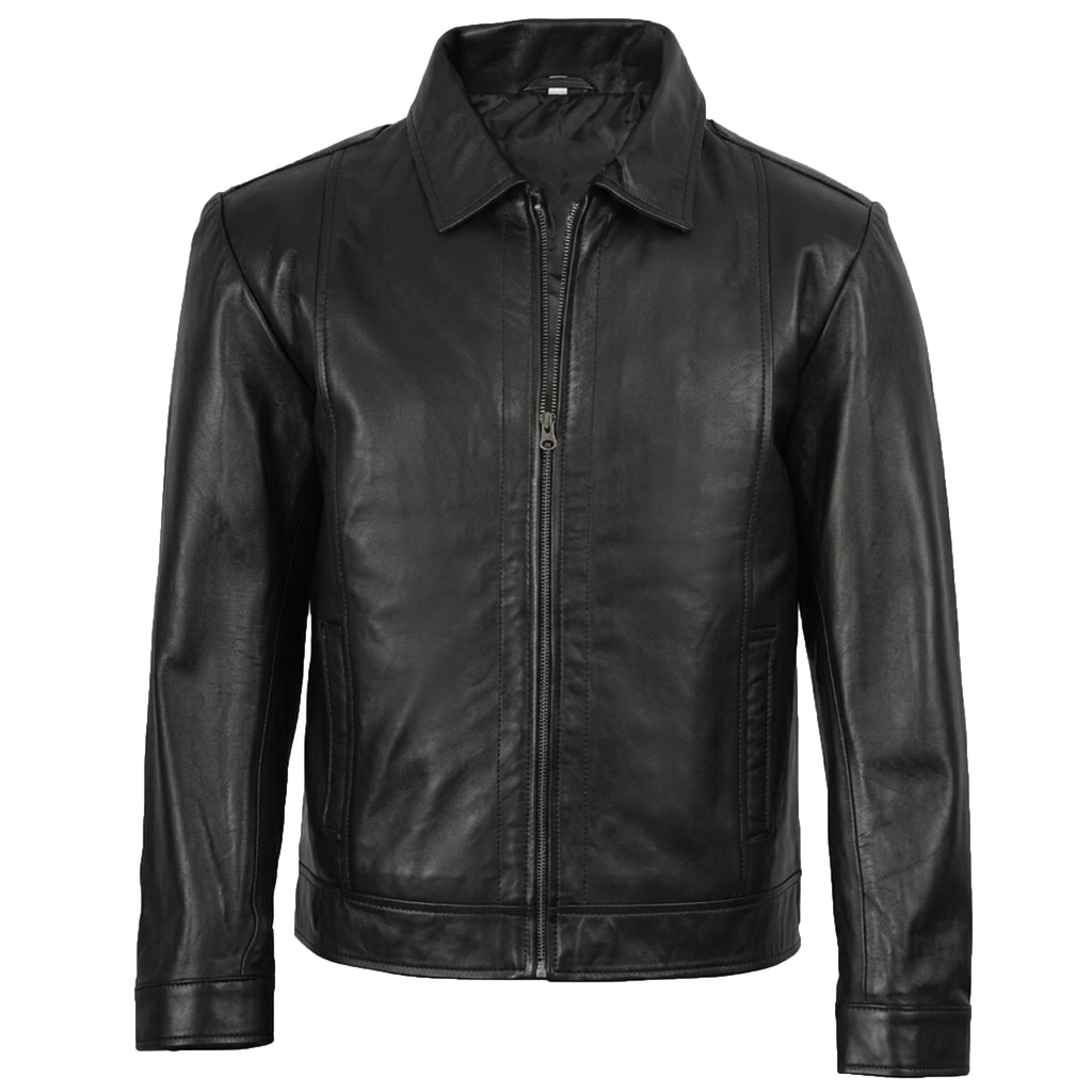 Men’s Vintage-Style Shirt Collar Leather Jacket Black