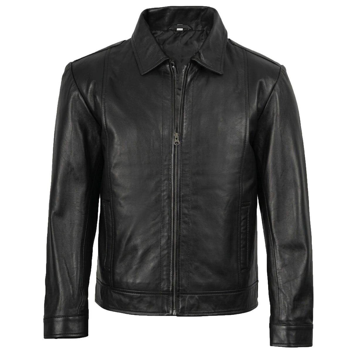 Men’s Vintage-Style Shirt Collar Leather Jacket Black