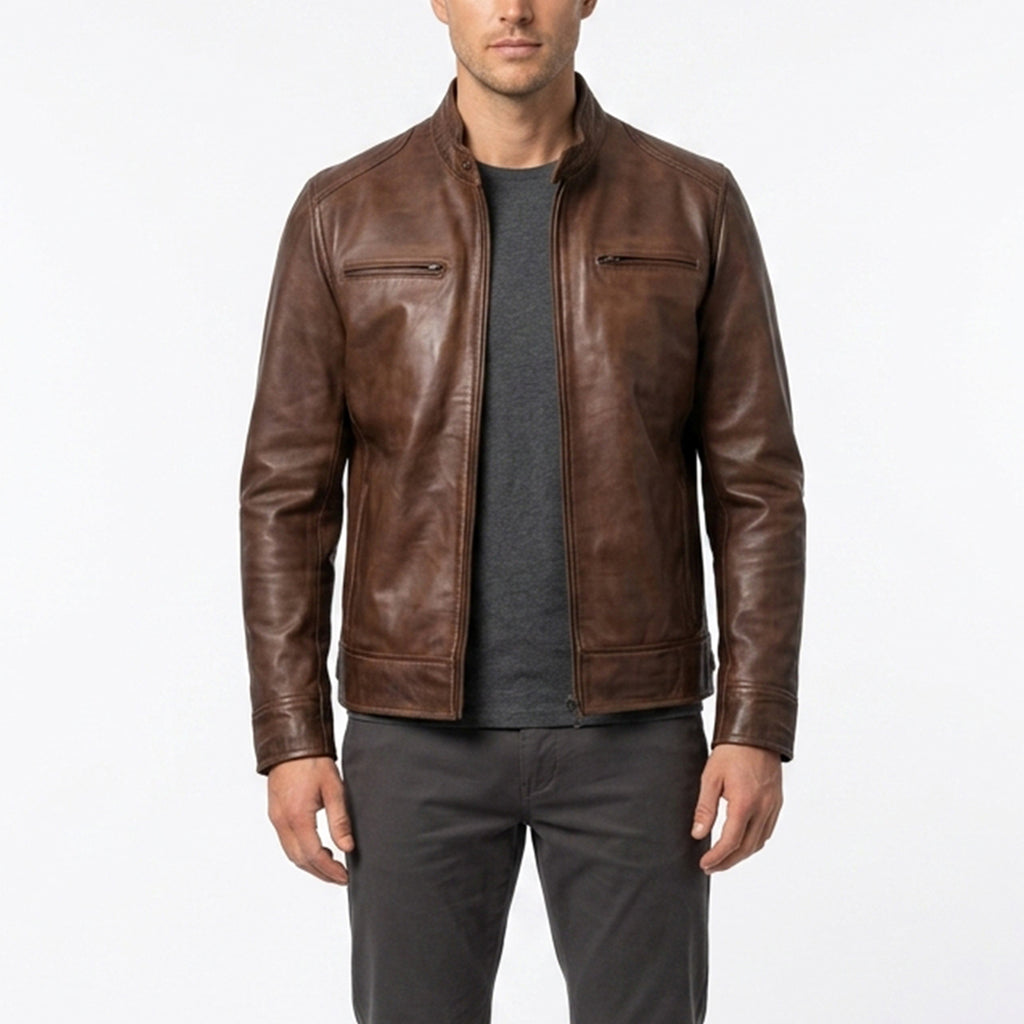 Bolvane Cognac Wax Café Racer Leather Jacket – Men's