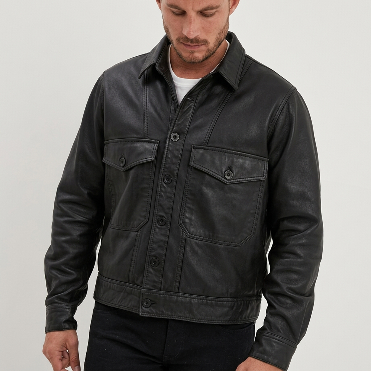 Men's Black Leather Shirt Jacket