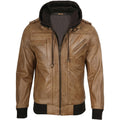 Men’s Camel Wax Leather Bomber Jacket with Detachable Hood