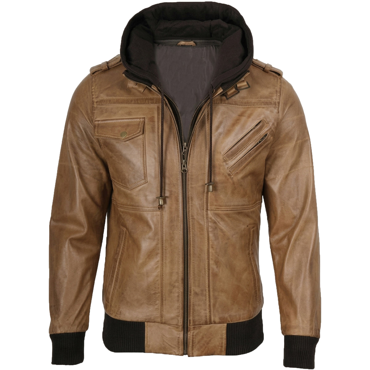 Men’s Camel Wax Leather Bomber Jacket with Detachable Hood