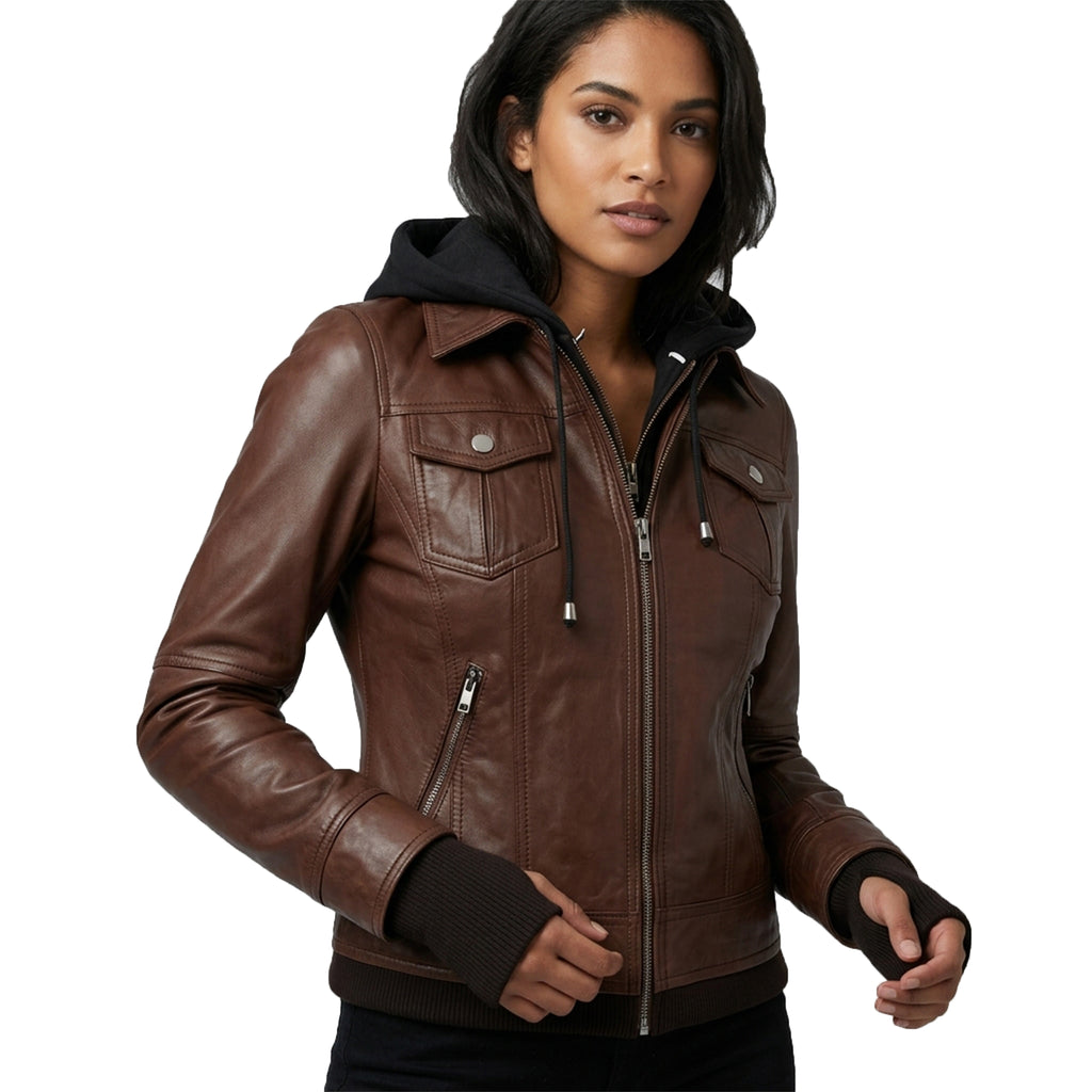 Women’s Cognac Wax Leather Jacket – 2-in-1 Detachable Hood