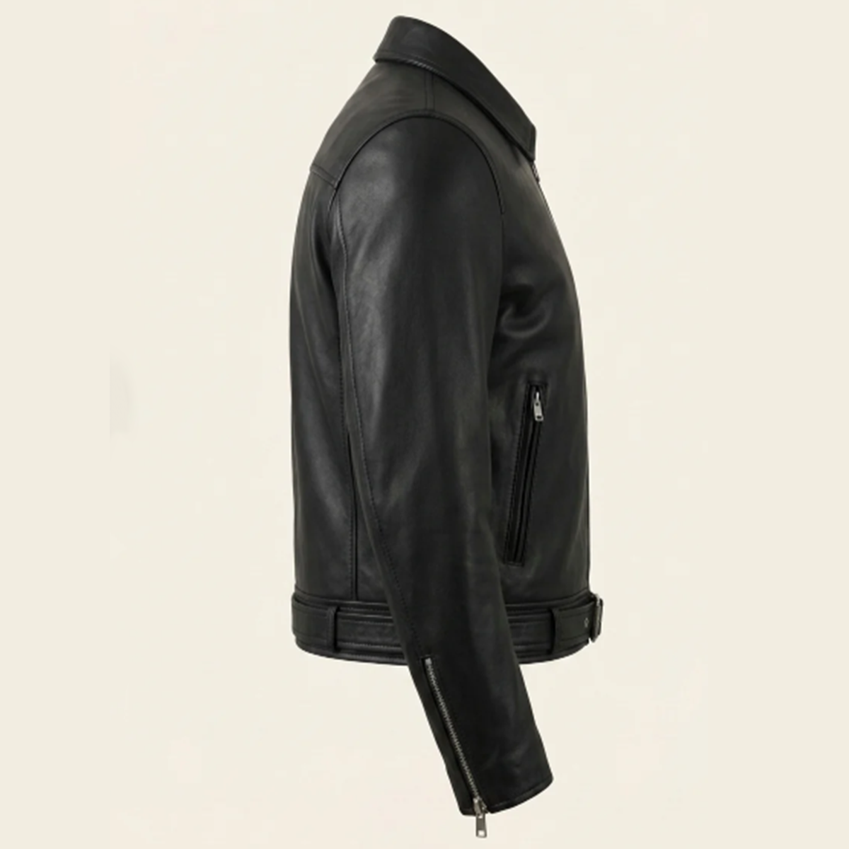 Men Belted Shirt-Collar Leather Jacket Black