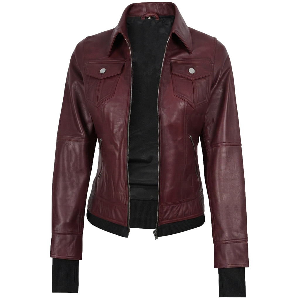 Women’s Maroon Wax Leather Jacket – 2-in-1 Detachable Hood