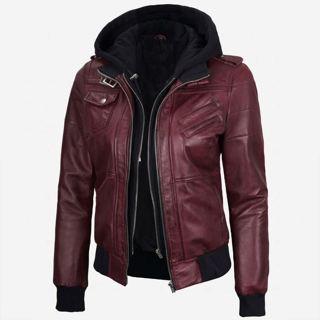 Women’s  Bomber – Detachable Hood Maroon Leather Jacket
