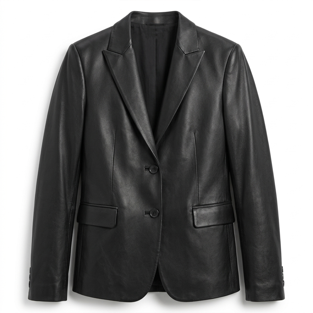 Women's Black Two-Button Leather Blazer