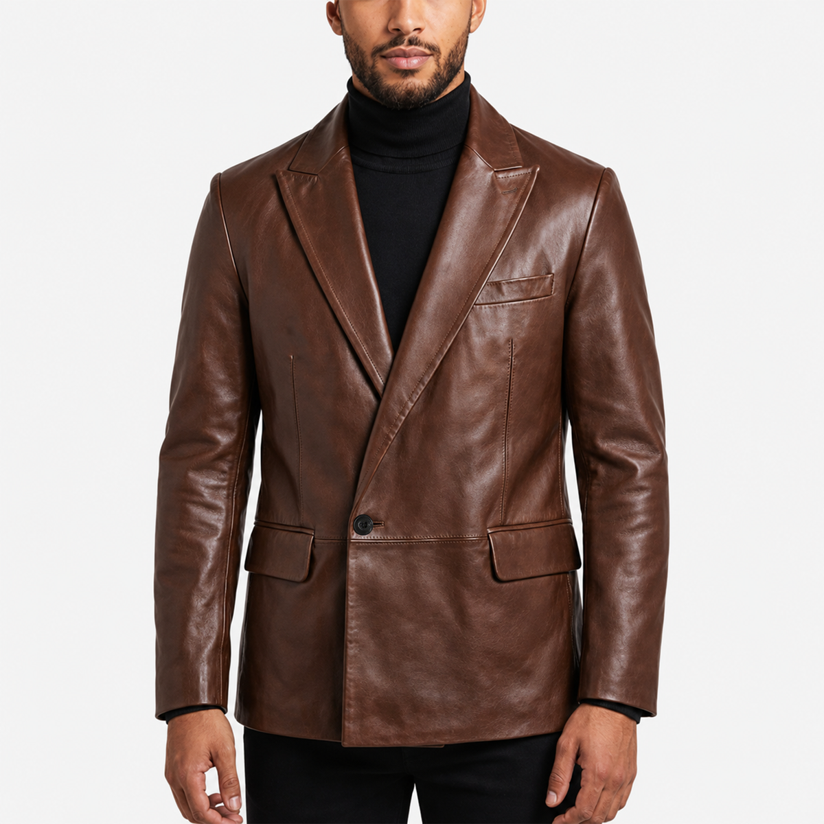Men One-Button Leather Blazer Cognac Waxed