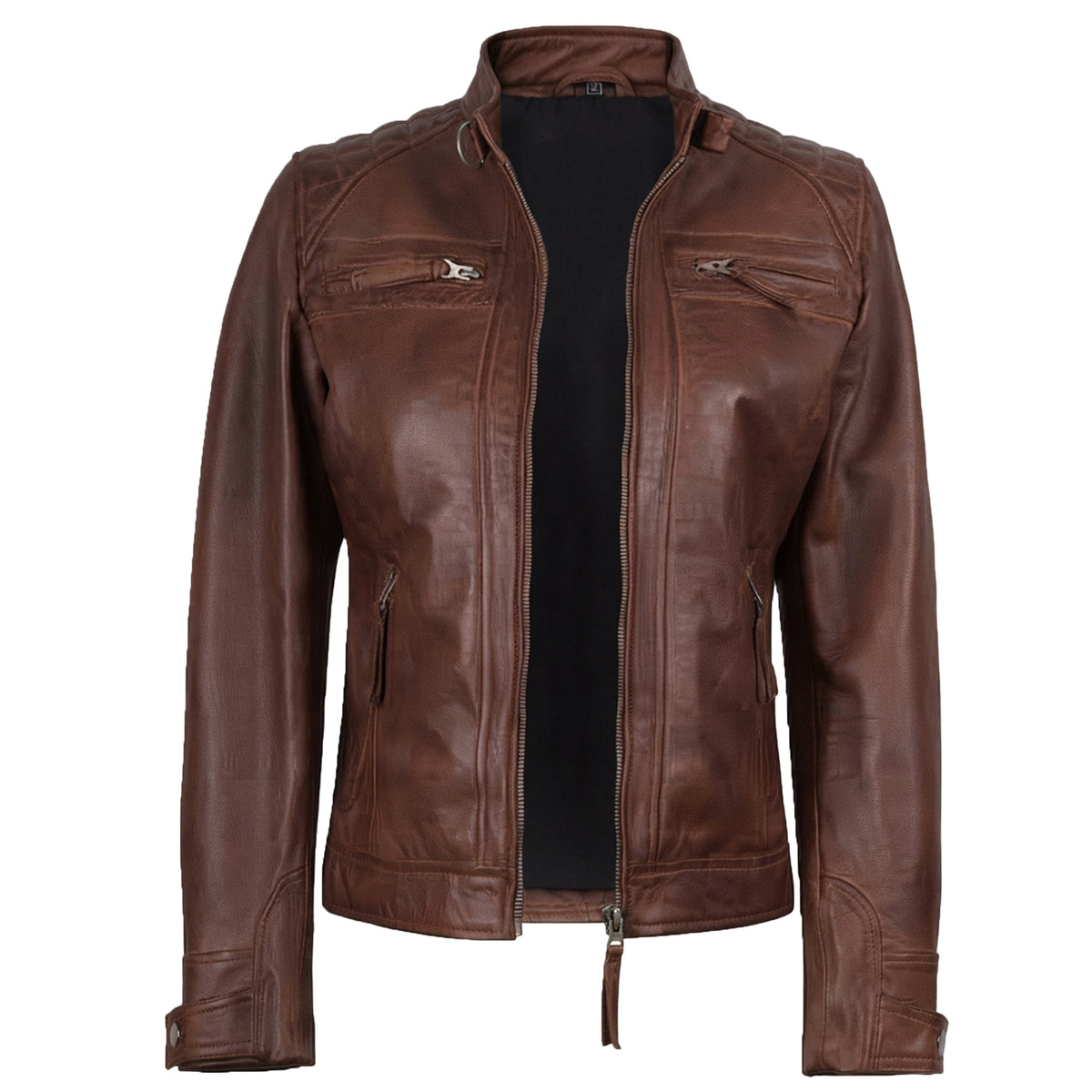 Women's Cognac Wax Leather Cafe Racer Jacket