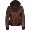 Women’s Bomber – Detachable Hood Cognac Wax Leather Jacket