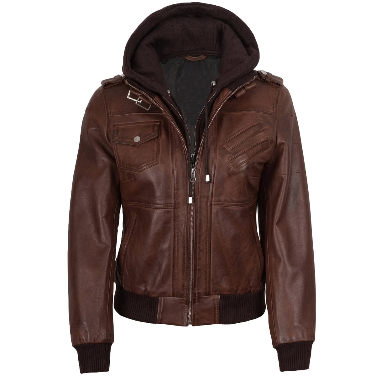 Women’s Bomber – Detachable Hood Cognac Wax Leather Jacket