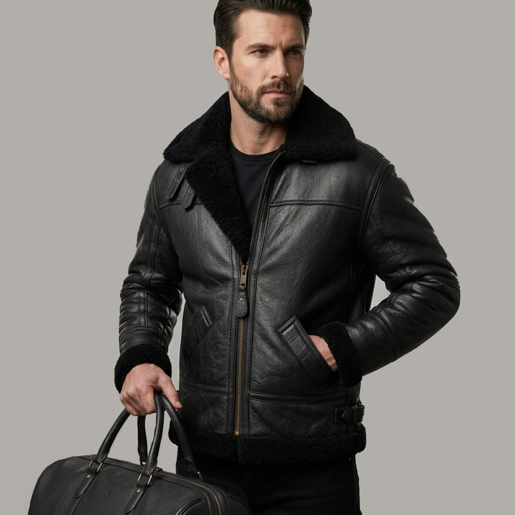 Men's Black Leather Shearling Aviator Jacket