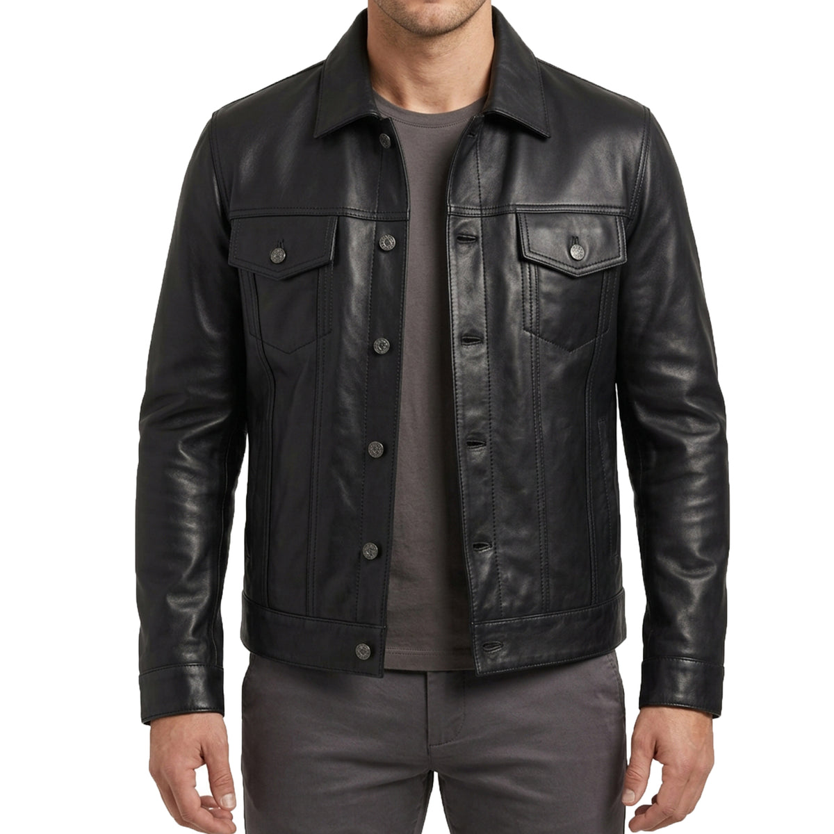 Bolvane Black Leather Trucker Jacket – Men's