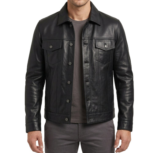 Bolvane Black Leather Trucker Jacket – Men's