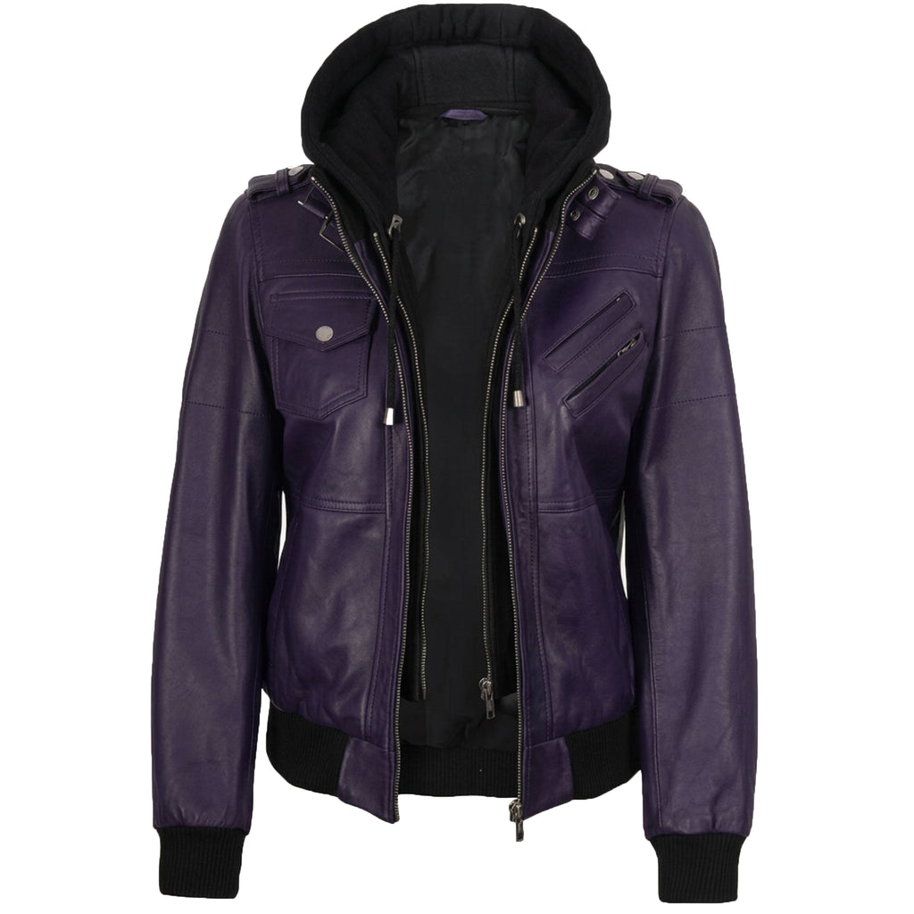 Women’s Bomber – Detachable Hood Purple Wax Leather Jacket