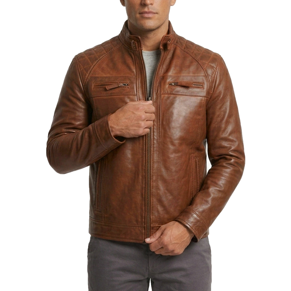 Men's Cognac Wax Leather Cafe Racer Jacket