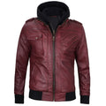 Men’s Maroon Wax Leather Bomber Jacket with Detachable Hood