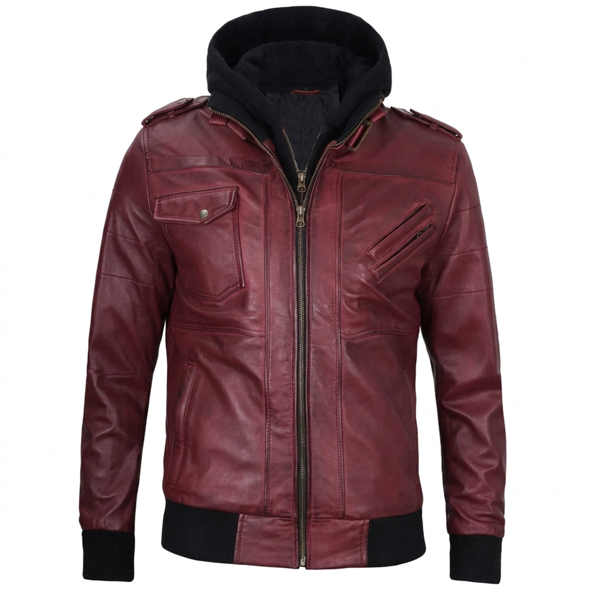 Men’s Maroon Wax Leather Bomber Jacket with Detachable Hood