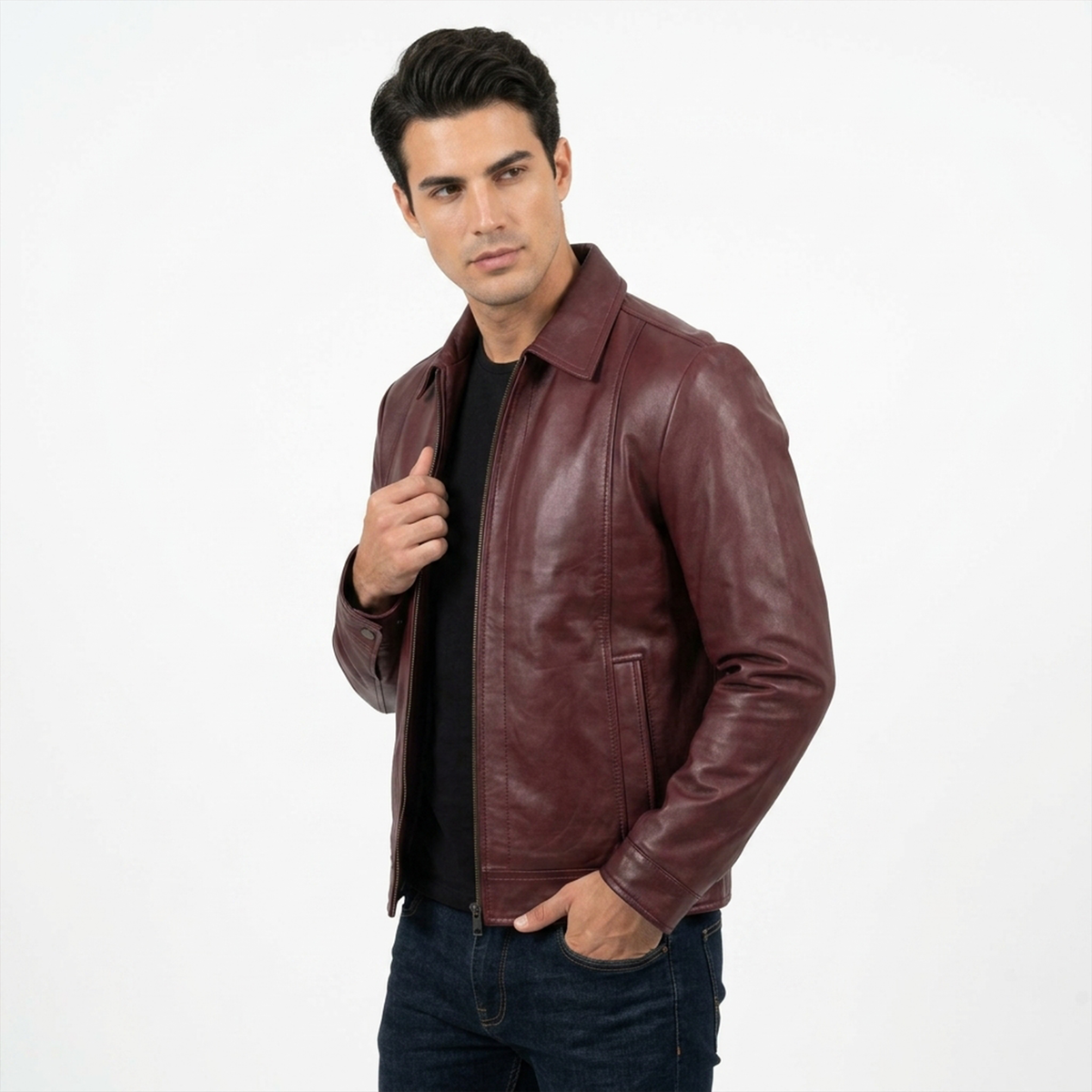 Men’s Vintage-Style Shirt Collar Leather Jacket Maroon Waxed