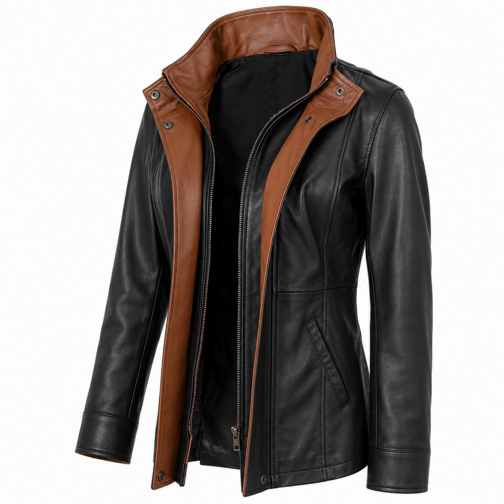 Women's Double Collar Leather Car Coat