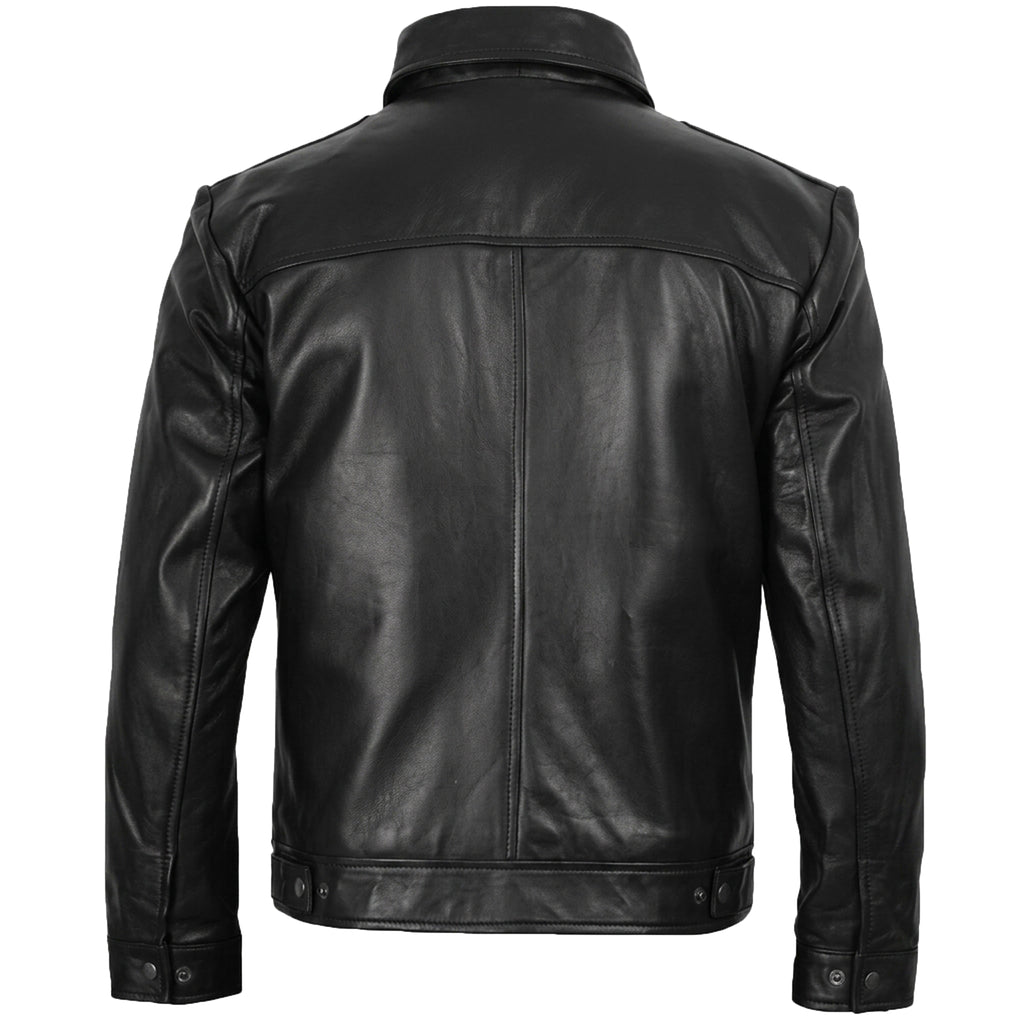 Men’s Vintage-Style Shirt Collar Leather Jacket Black
