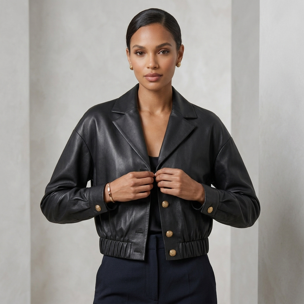 Women's Black Drop Shoulder Cropped Leather Lapel Jacket