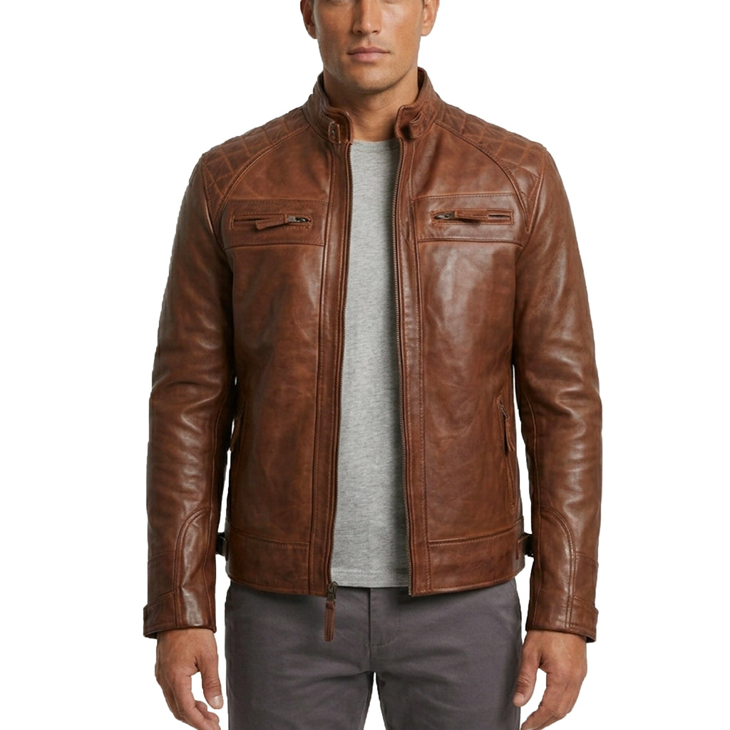 Men's Cognac Wax Leather Cafe Racer Jacket