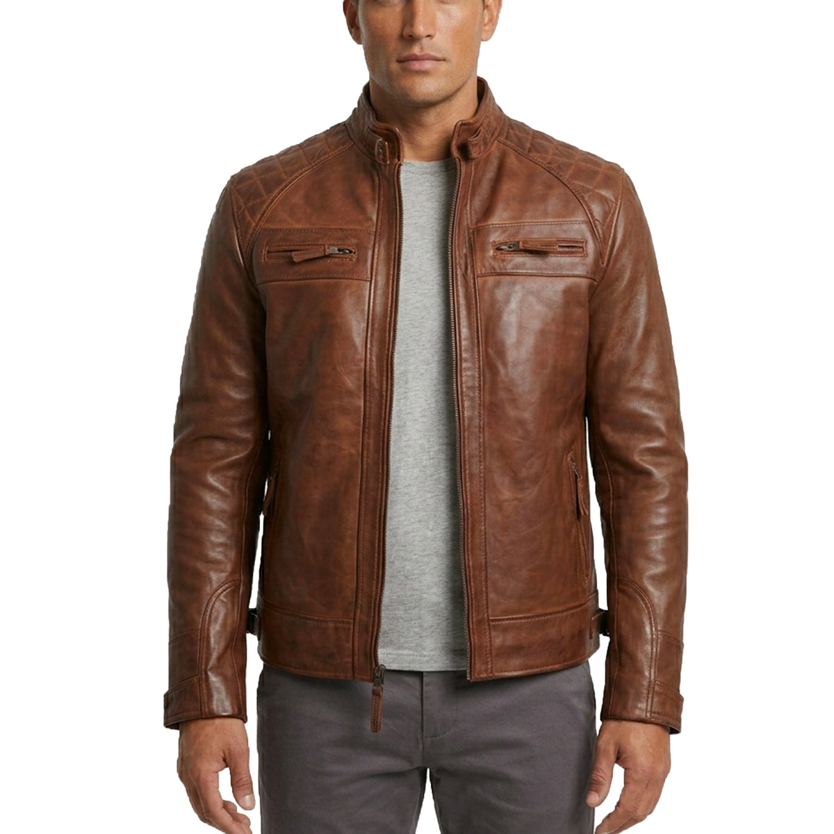 Men's Cognac Wax Leather Cafe Racer Jacket
