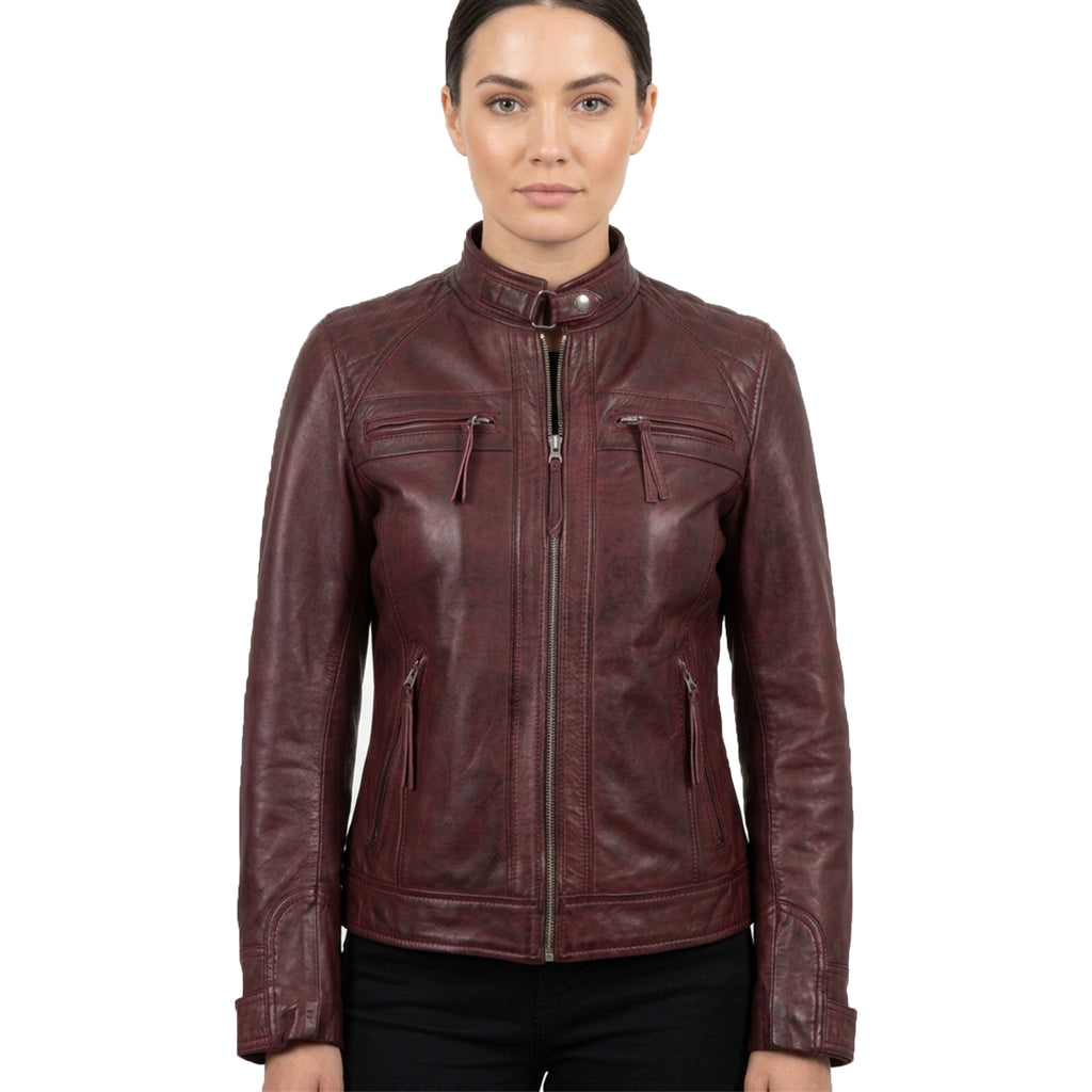 Women's Maroon Wax Leather Cafe-Racer Jacket