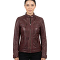 Women's Maroon Wax Leather Cafe-Racer Jacket