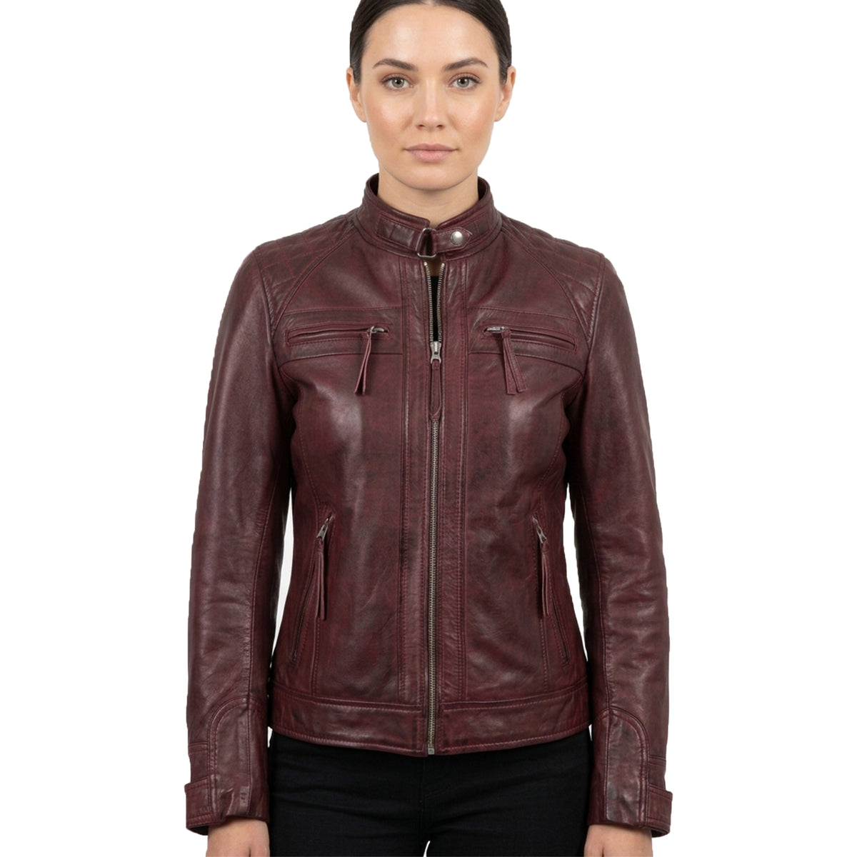 Women's Maroon Wax Leather Cafe-Racer Jacket