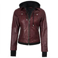Women’s Maroon Wax Leather Jacket – 2-in-1 Detachable Hood