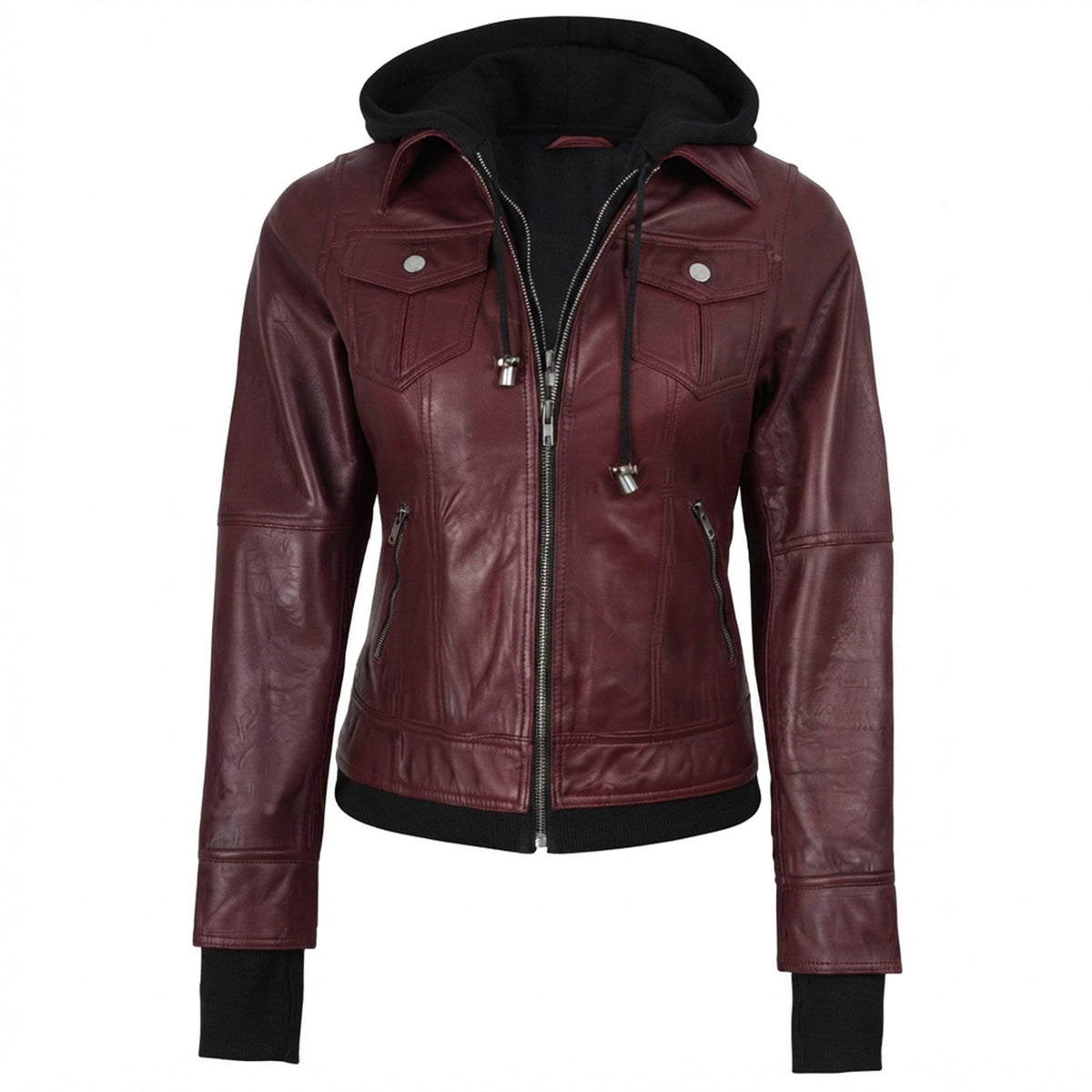 Women’s Maroon Wax Leather Jacket – 2-in-1 Detachable Hood