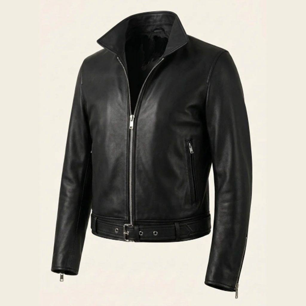 Men Belted Shirt-Collar Leather Jacket Black
