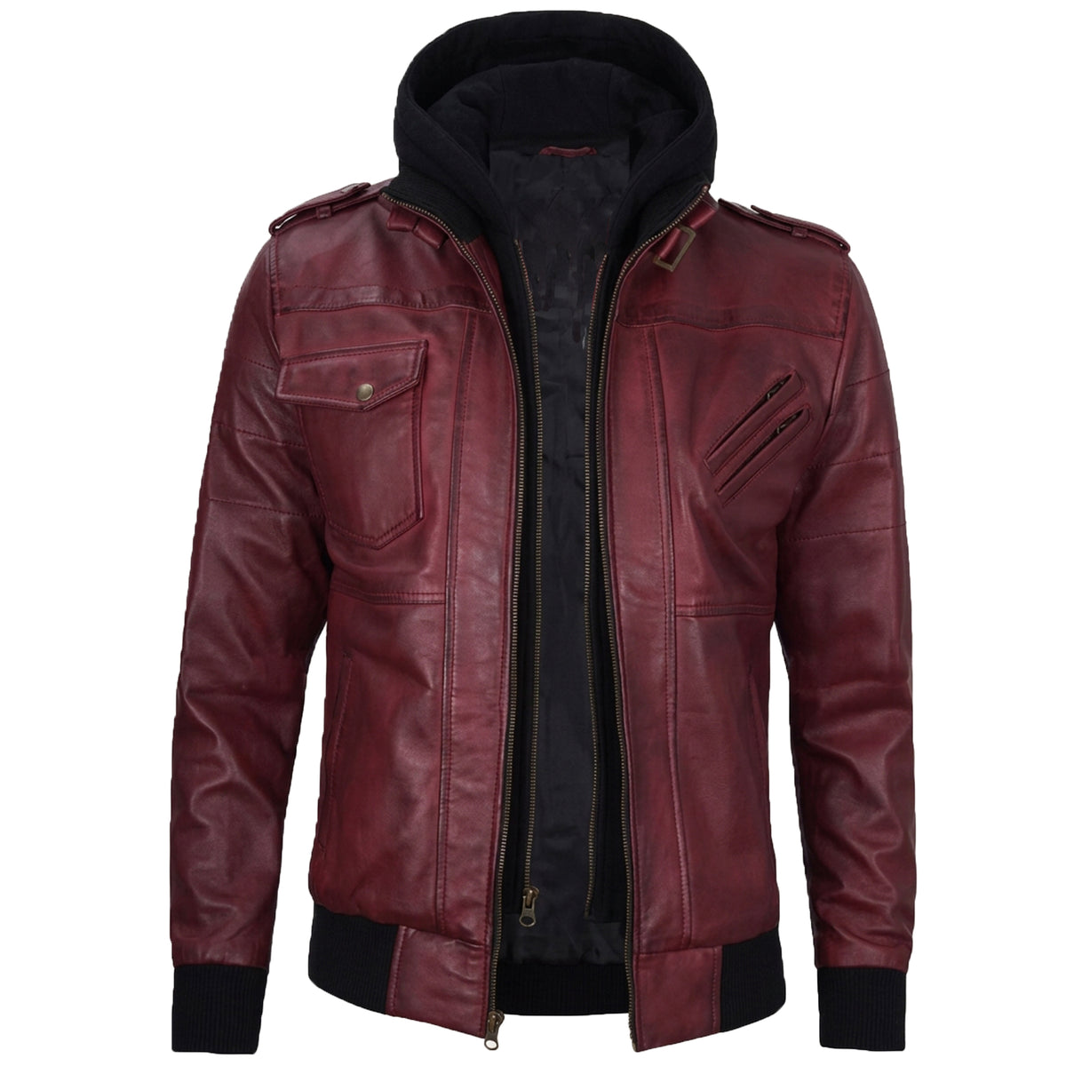 Men’s Maroon Wax Leather Bomber Jacket with Detachable Hood