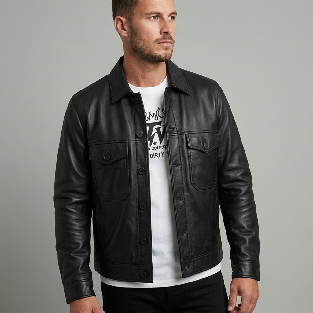 Men's Black Leather Shirt Jacket