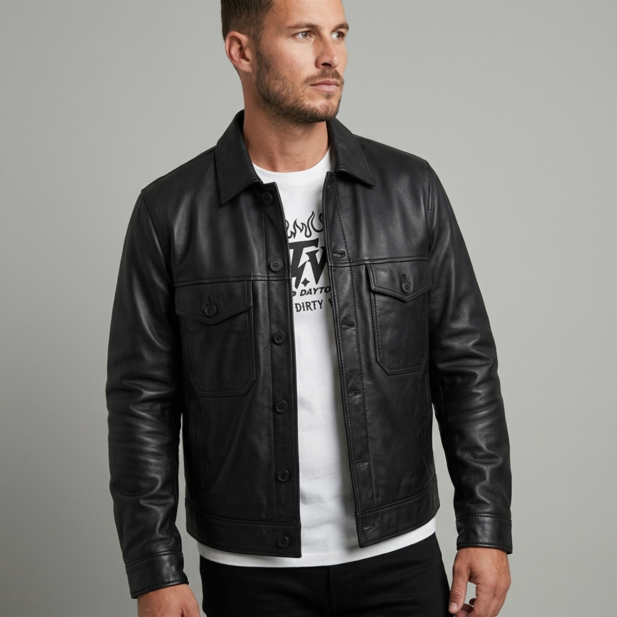 Men's Black Leather Shirt Jacket