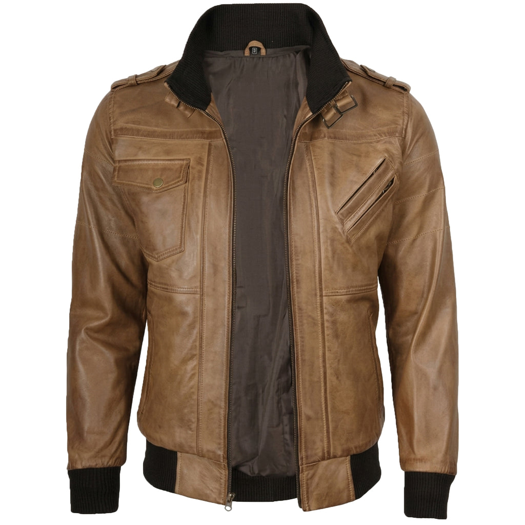 Men’s Camel Wax Leather Bomber Jacket with Detachable Hood