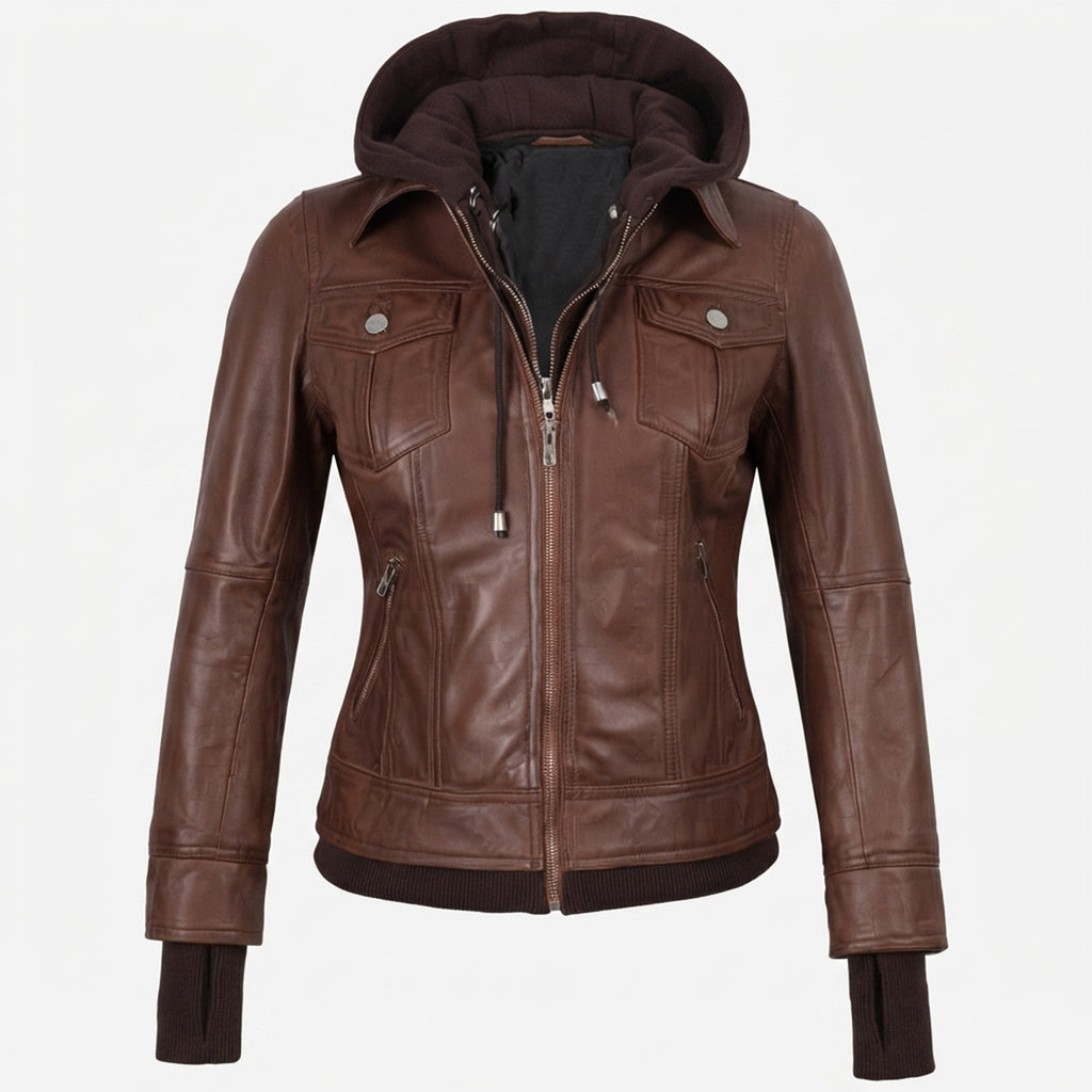 Women’s Cognac Wax Leather Jacket – 2-in-1 Detachable Hood