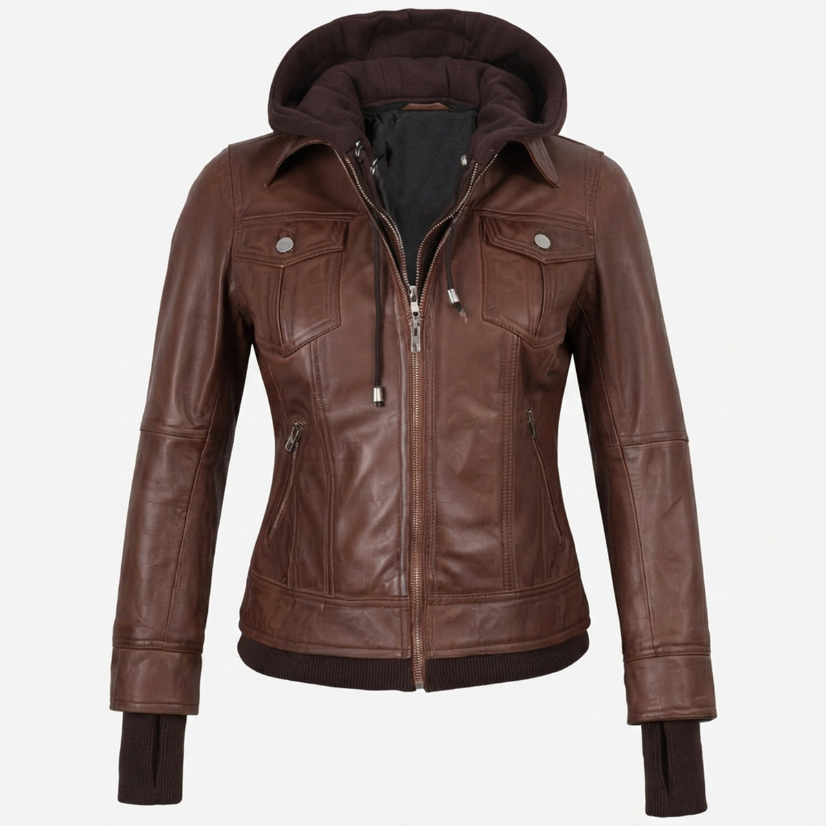 Women’s Cognac Wax Leather Jacket – 2-in-1 Detachable Hood