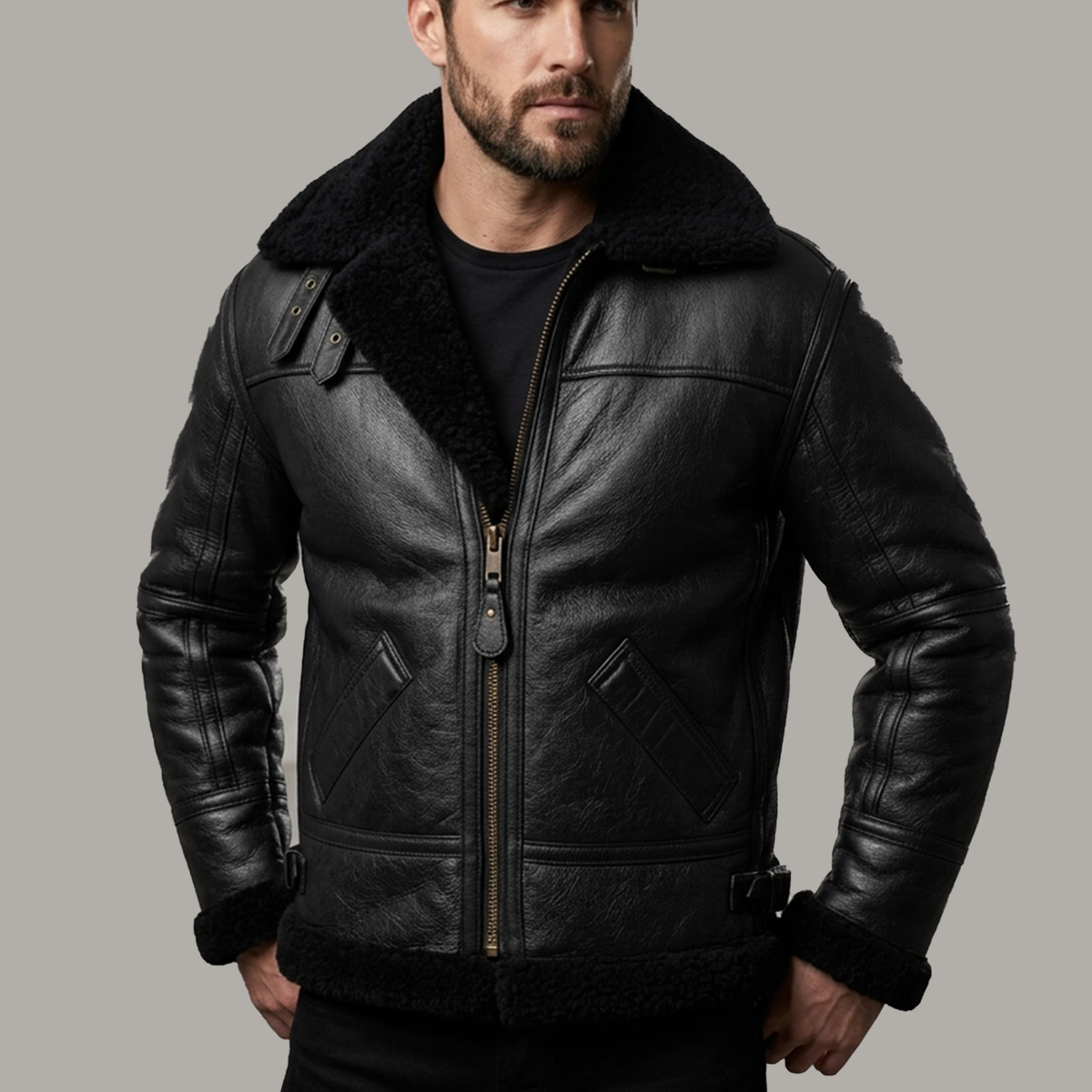 Men's Black Leather Shearling Aviator Jacket