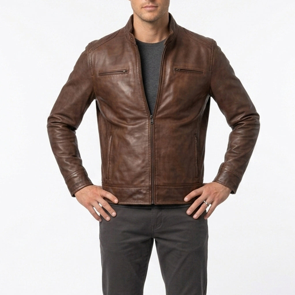Bolvane Cognac Wax Café Racer Leather Jacket – Men's